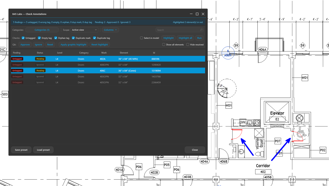 Door tag coverage across the audited views