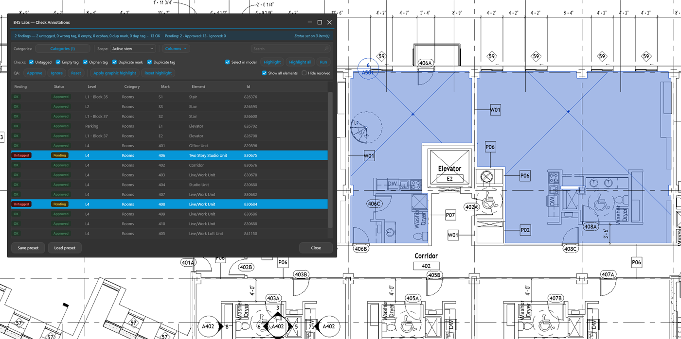 Room tag coverage: untagged rooms flagged on the plan