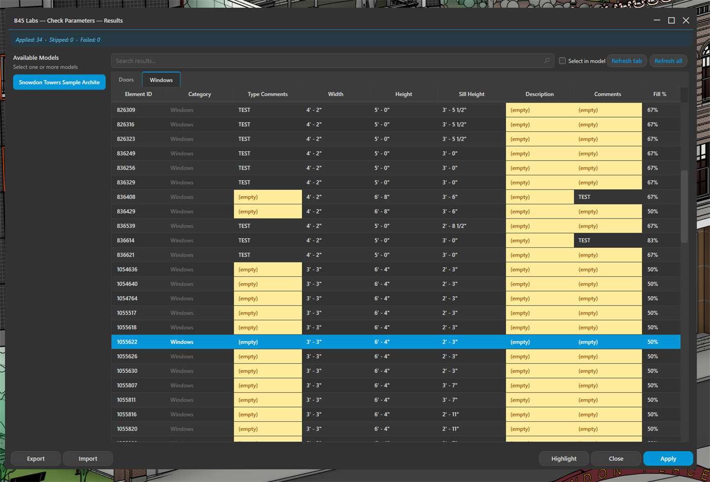 Results grid: parameters by category with a fill percentage per element