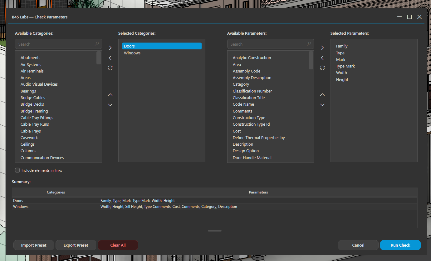 Setup: pick the categories and parameters to audit