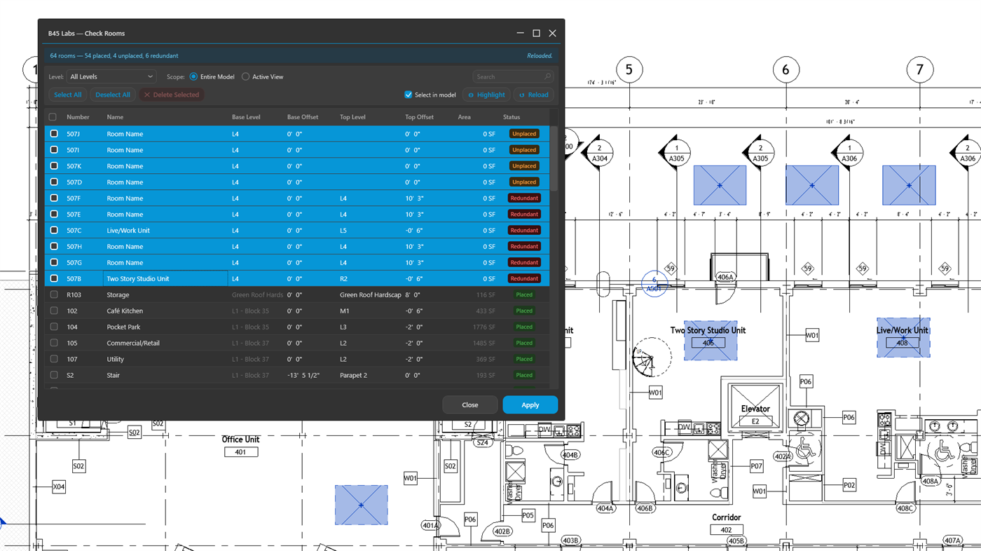 Check Rooms with status badges showing Placed, Unplaced, and Redundant rooms