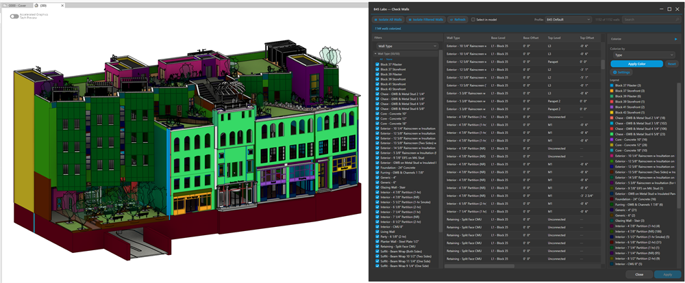 Check Walls showing wall types, constraints, and level filters