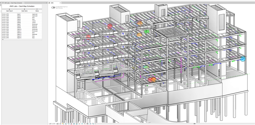 3D view with colored clash spheres at every intersection point