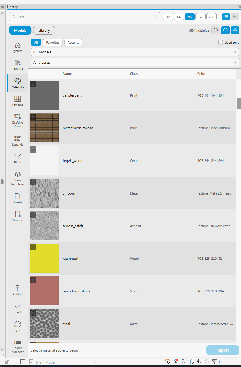 Materials tab: browse and import materials cross-document
