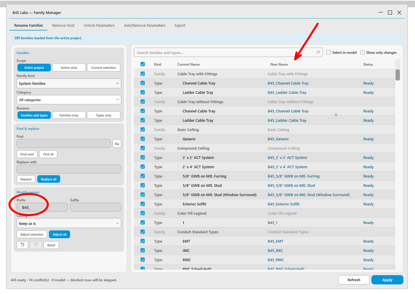 Rename Families tab: staged Find/Replace and prefix/suffix rules