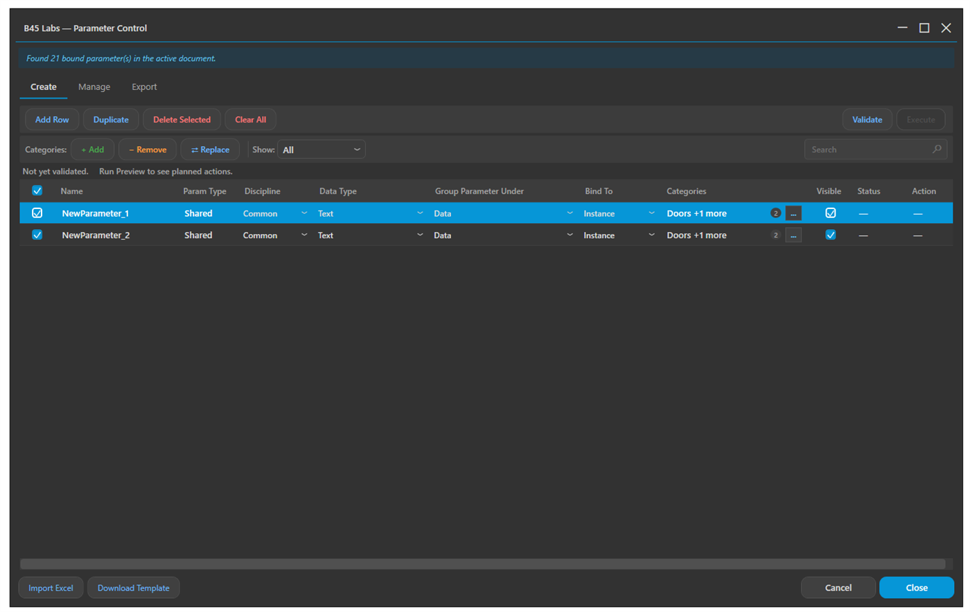 Create tab: build parameters in bulk from Excel or row by row