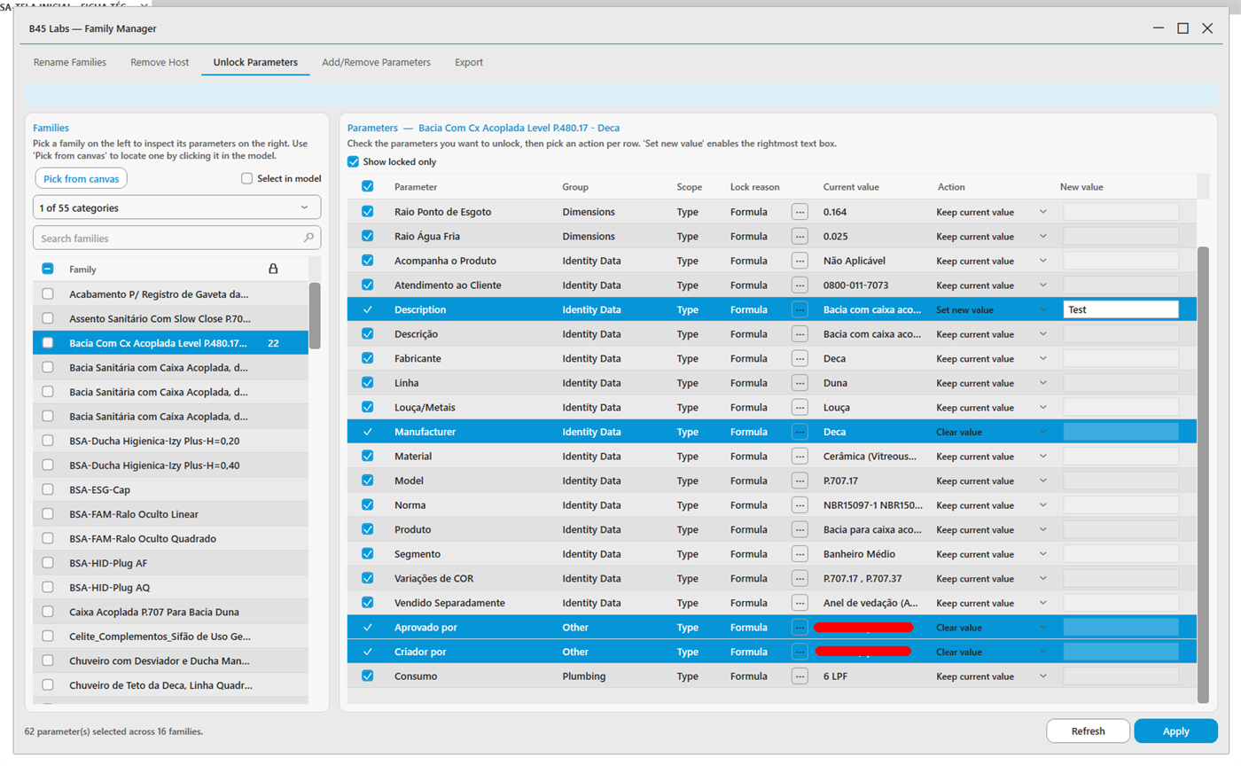 Unlock Parameters tab: per-parameter keep, clear, or set value