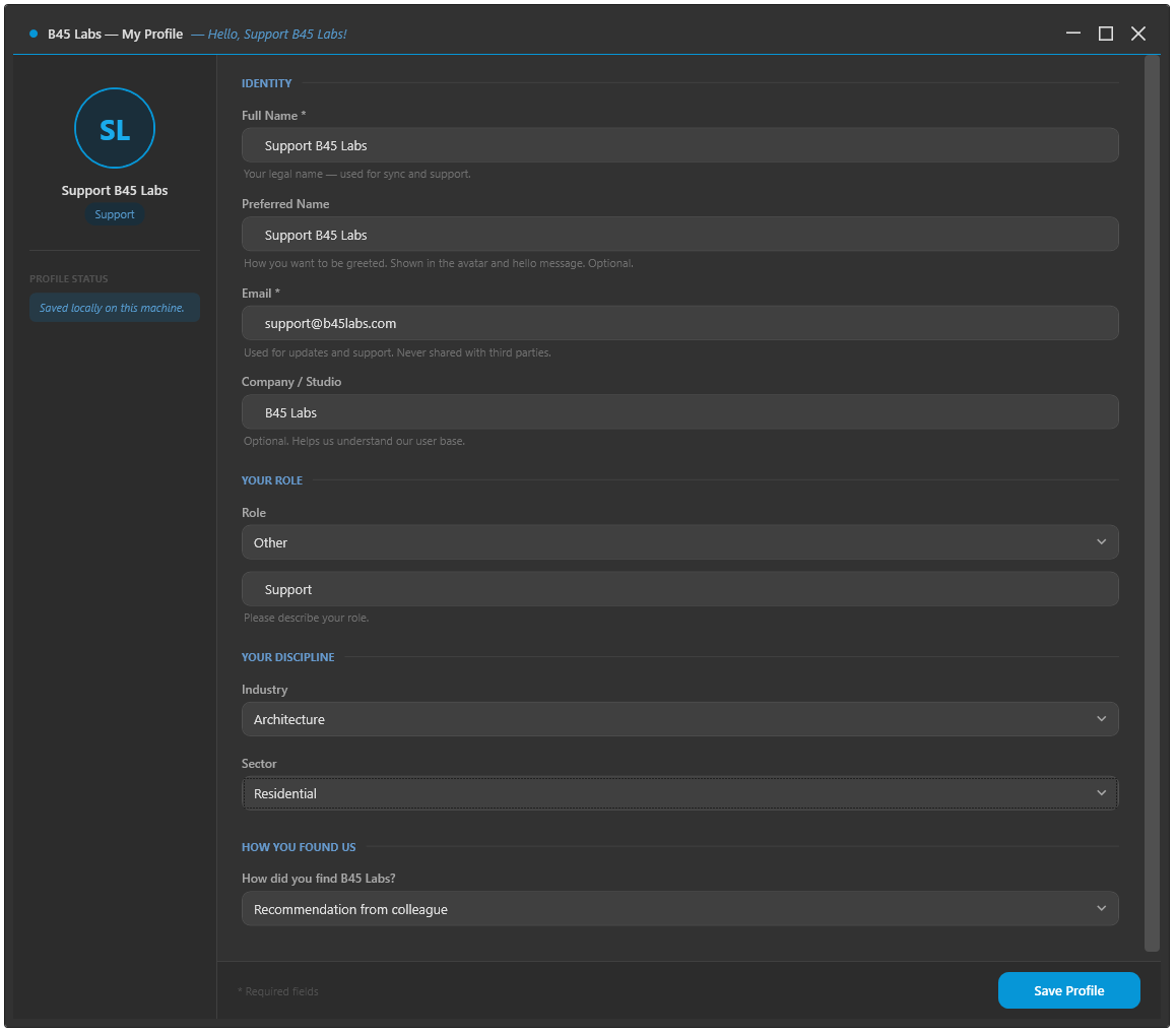 User Profile window